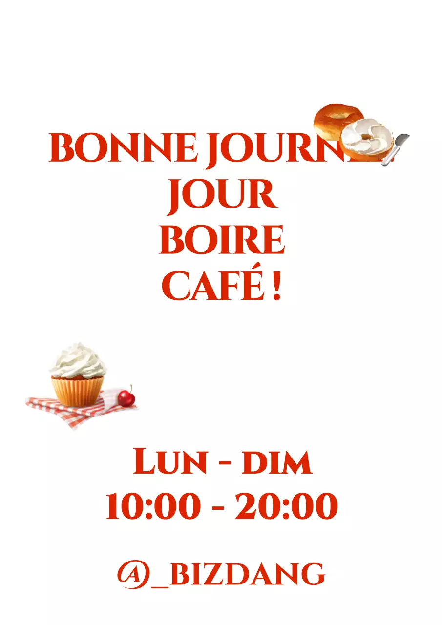 Dessiner un café avec le texte relatif au café et les heures d'ouverture en rouge