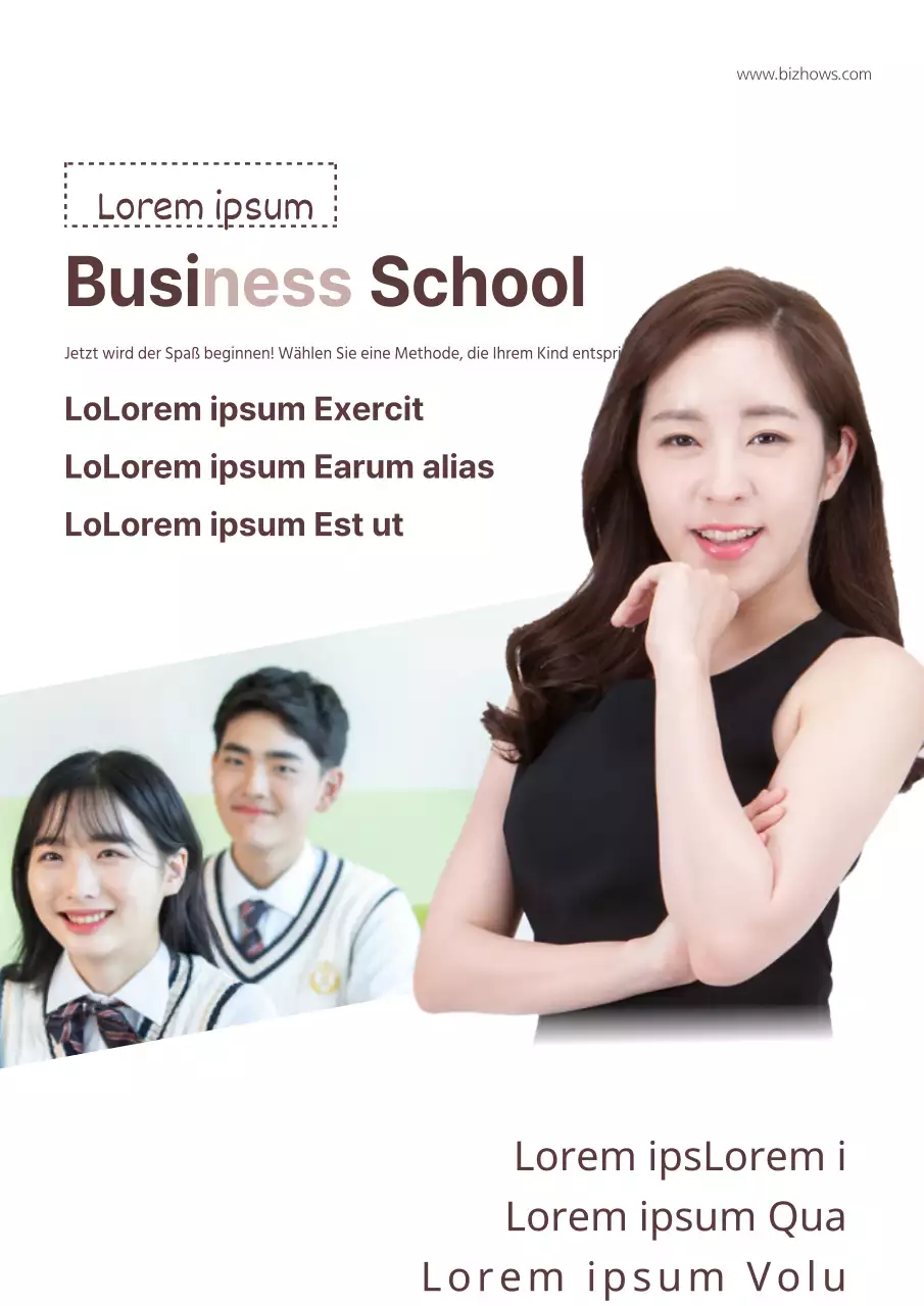 Bewerben Sie eine biz-Mathe-Schule mit braunen Schülerillustrationen und Klassenraumfotos