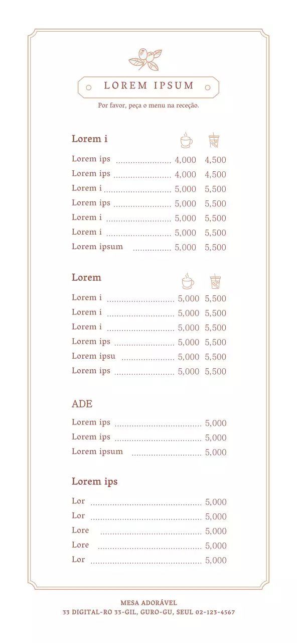 Guia de menu de mesa de café de estilo simples, castanho claro e branco