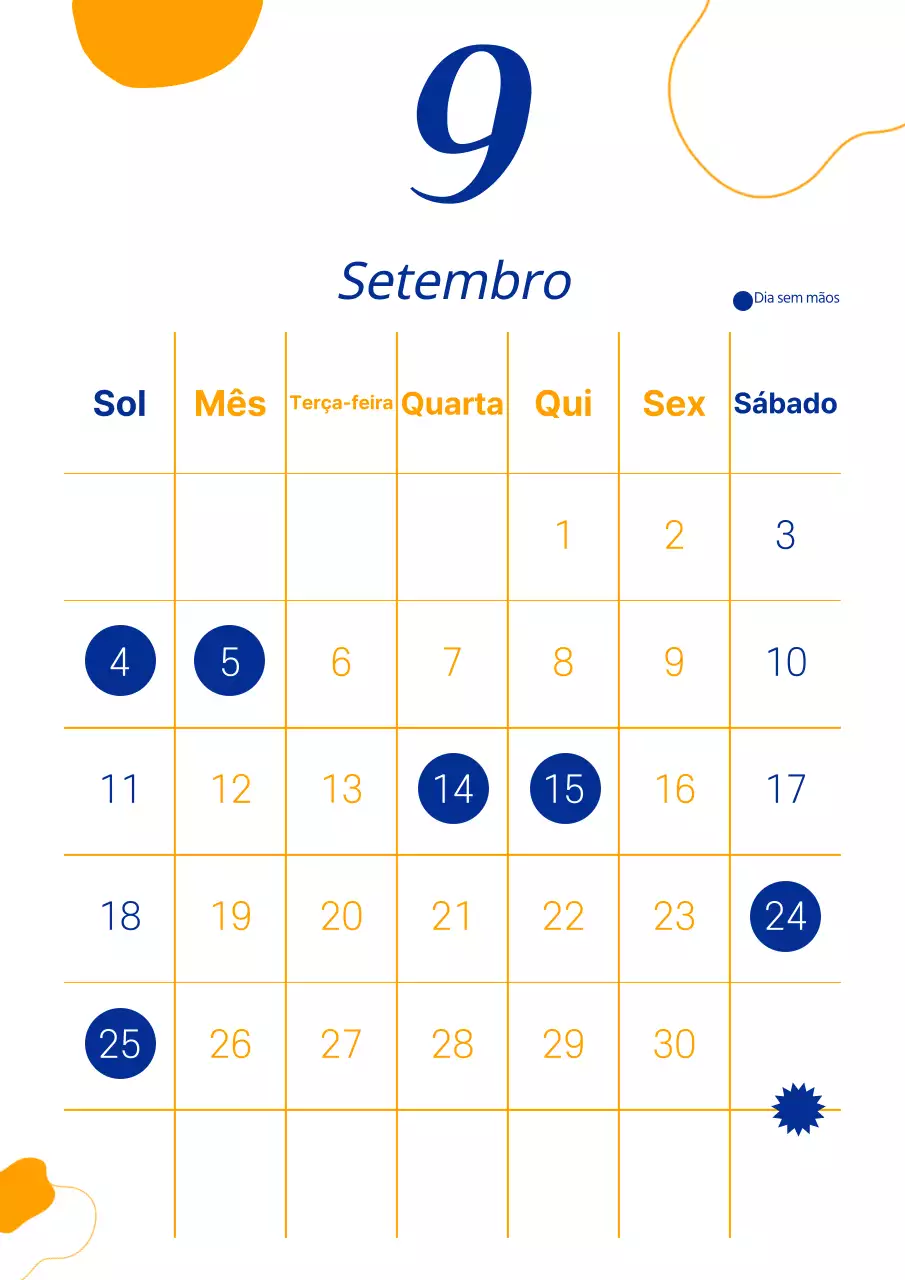 Calendário Isa (dias sem mãos) com formas geométricas em dois tons laranja e azul-marinho