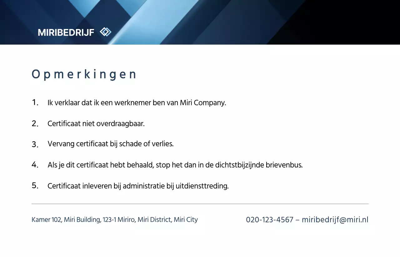Eenvoudig en strak tempelcertificaat in montuurstijl in marineblauw en zwart