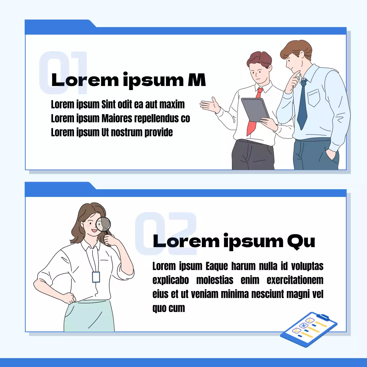Illustration bleue et jaune concept How to report well at work CardNews