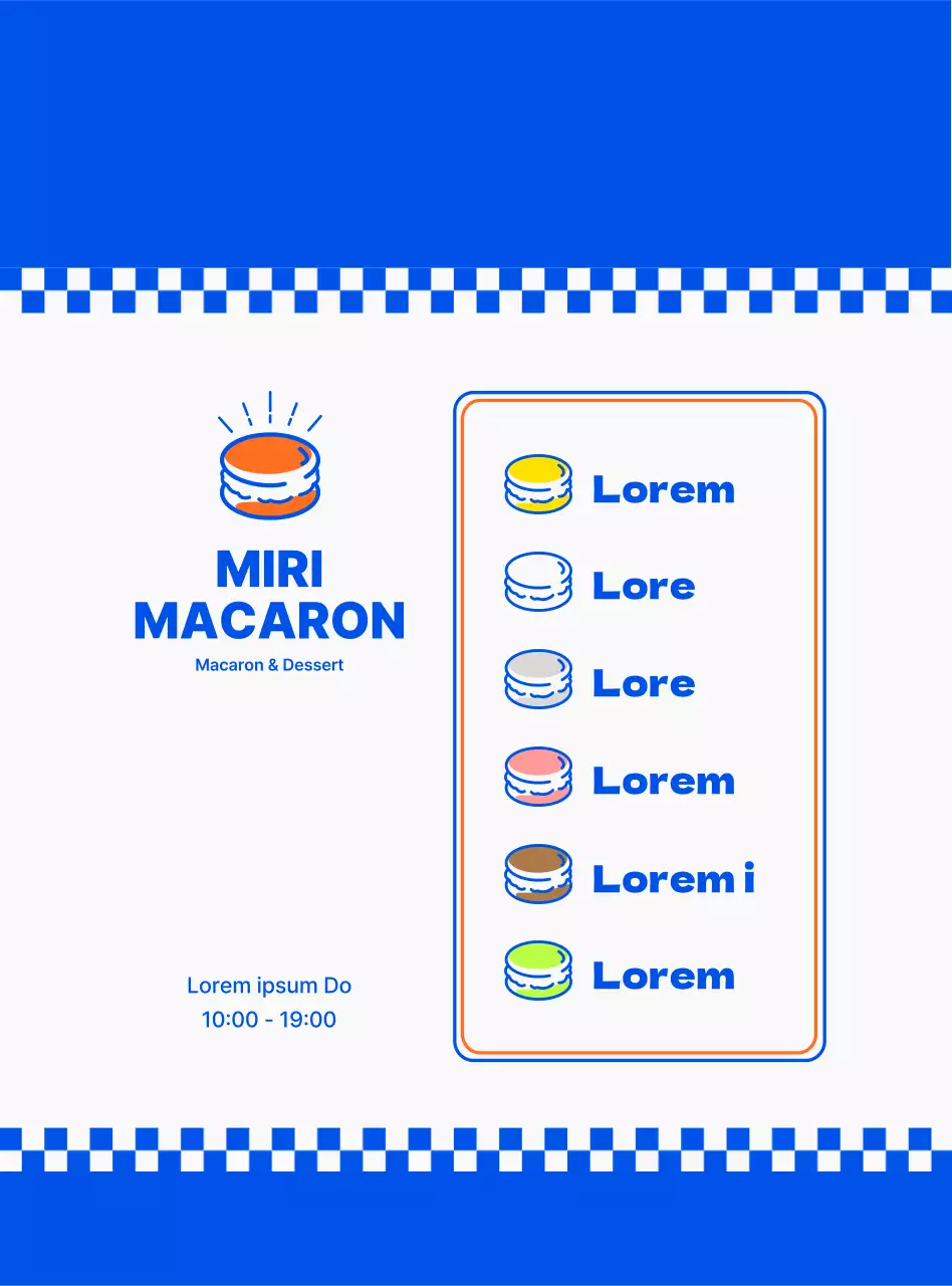 Bewerben und informieren Sie die Speisekarte für ein Macaron-Dessert mit klarem Konzept in Marineblau und Weiß.