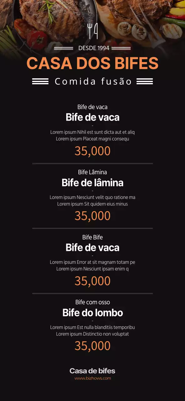 Preços de menus de churrascaria em preto e laranja, estilo simples
