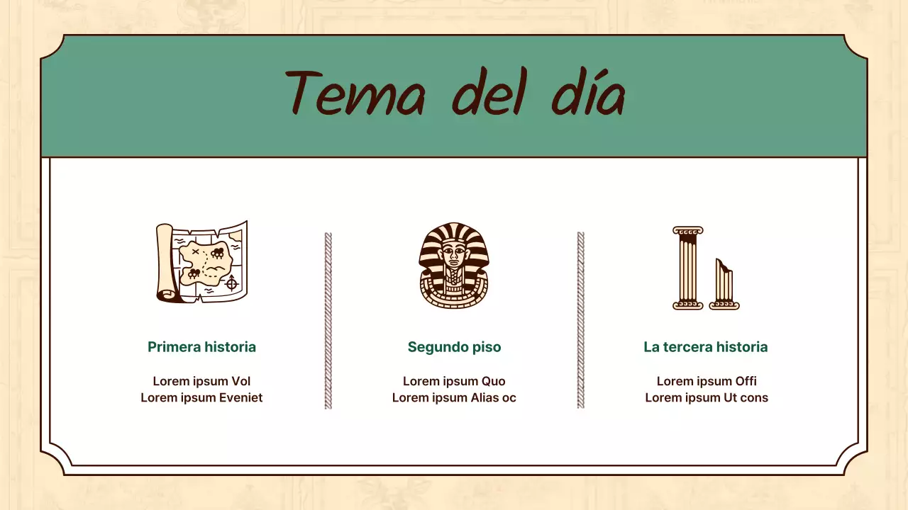 Las ilustraciones históricas en beige y verde resaltan las lecciones de historia universal