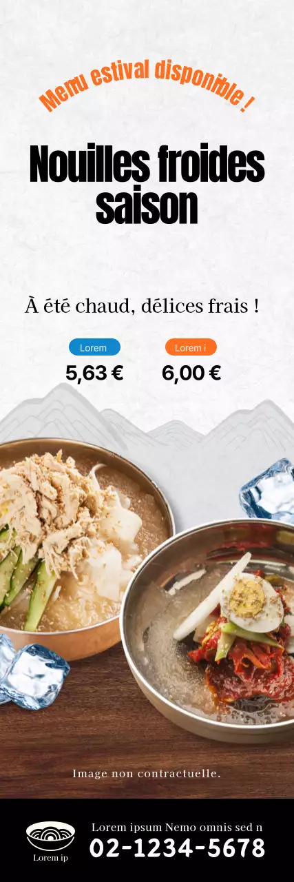 Bannière promouvant un menu d'été frais - nouilles froides en brun et bleu