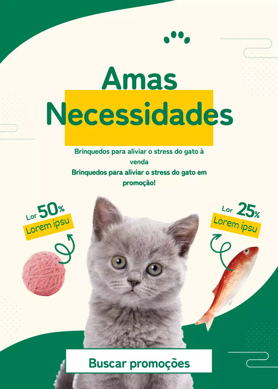 Anúncio de evento com um brinquedo verde e amarelo para gatos