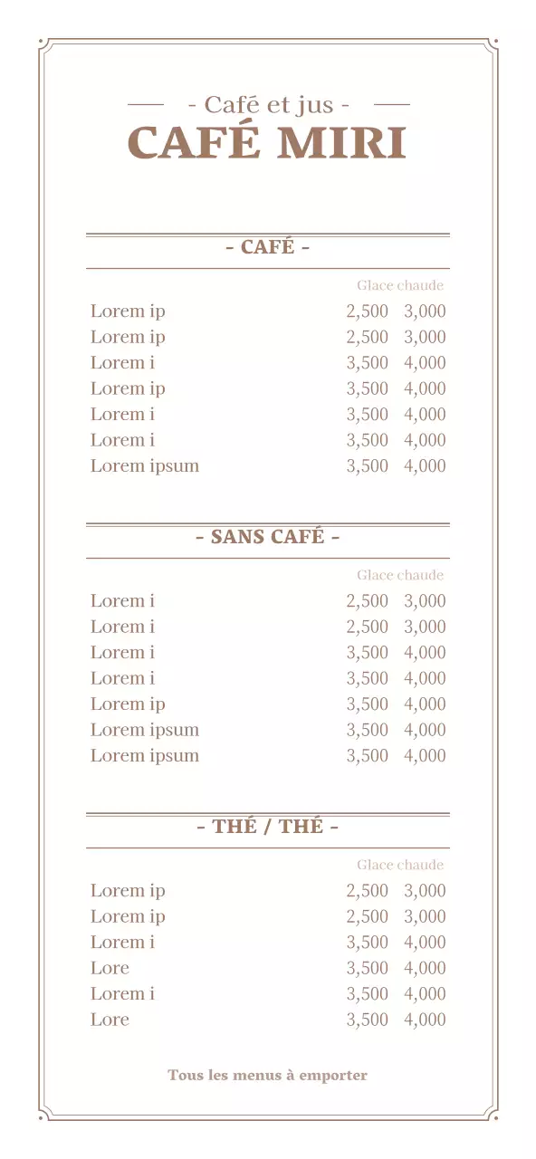 Guide du panneau d'affichage des menus de cafés, brun et blanc, dans un cadre élégant