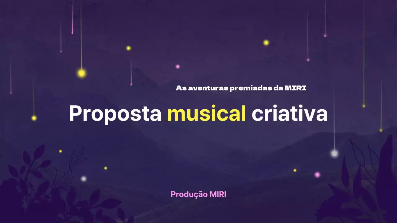 Proposta musical criativa com fundo púrpura e ornamentos de estrelas