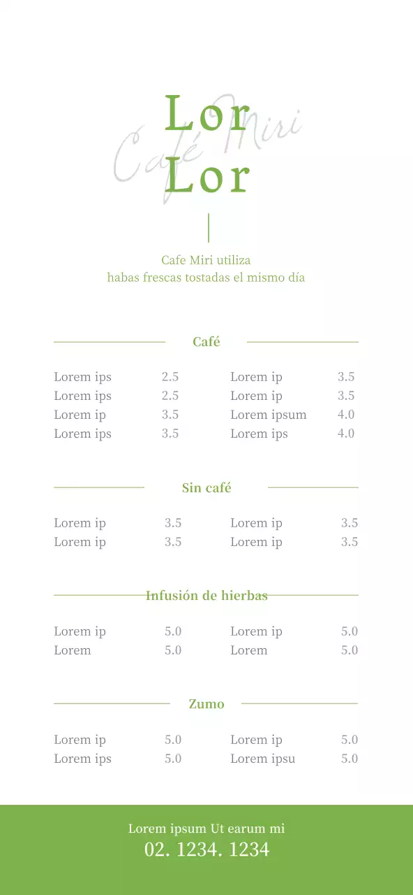 Un menú de cafetería sencillo y limpio, con precios en chartreuse y blanco