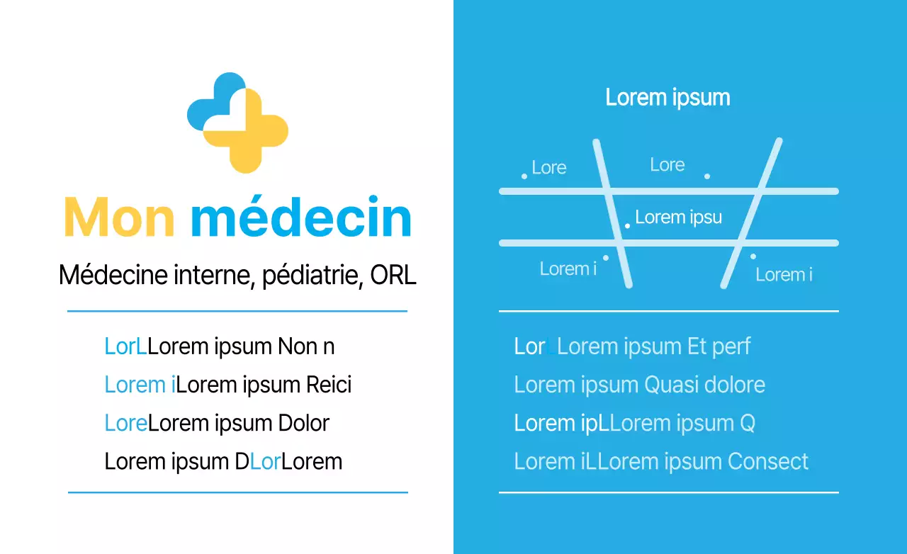 Logo simple et propre d'un hôpital et combinaison de texte en jaune et bleu avec des informations sur l'hôpital.
