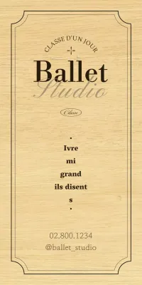 Enseigne classique d'une école de ballet avec texte et illustrations en noir et marron.