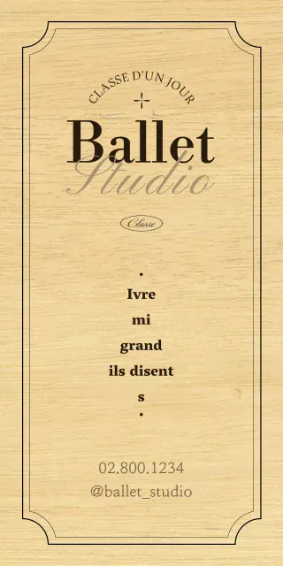 Enseigne classique d'une école de ballet avec texte et illustrations en noir et marron.