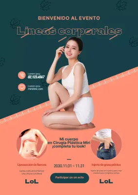 Promocione un evento estacional de cirugía plástica con la foto de una mujer vestida de verde y naranja.