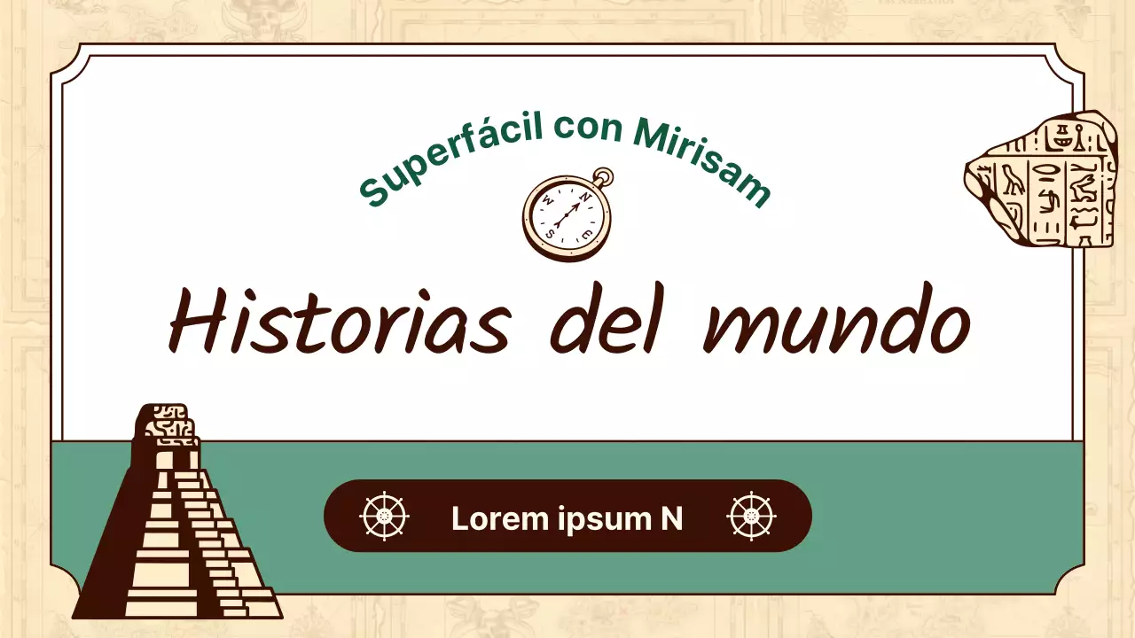 Las ilustraciones históricas en beige y verde resaltan las lecciones de historia universal