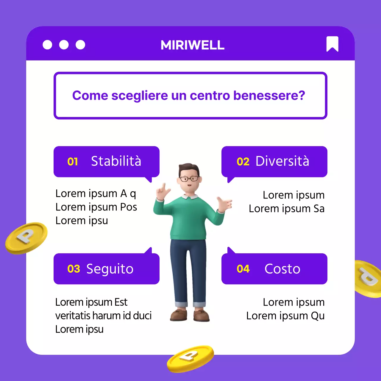 Effetto centro commerciale pulito con concetto 3D giallo-viola CardNews