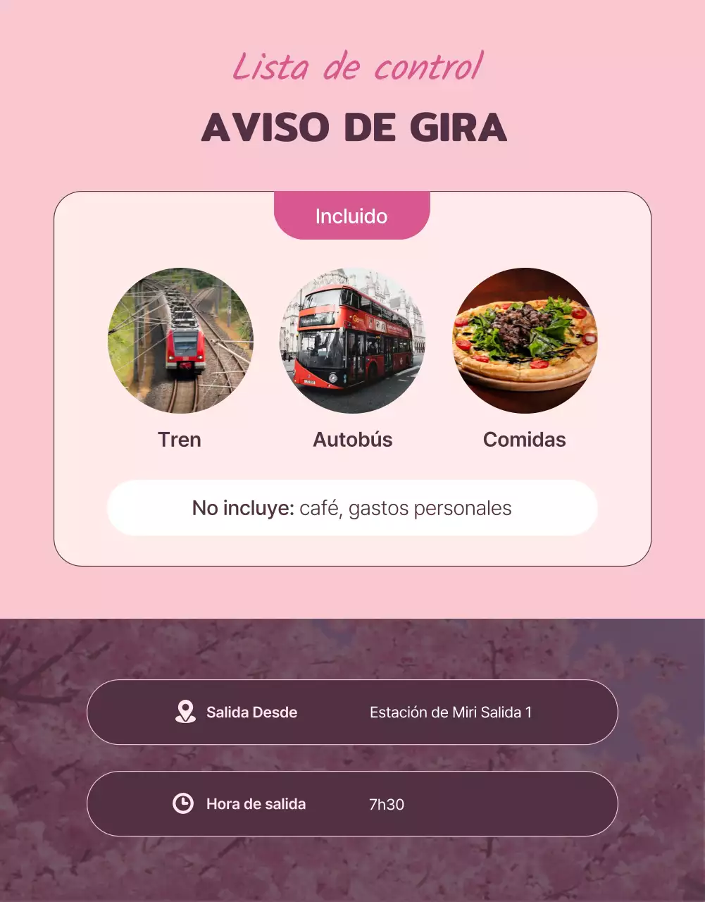 Bonitas ilustraciones de cerezos en flor en rosa pastel para promocionar el viaje