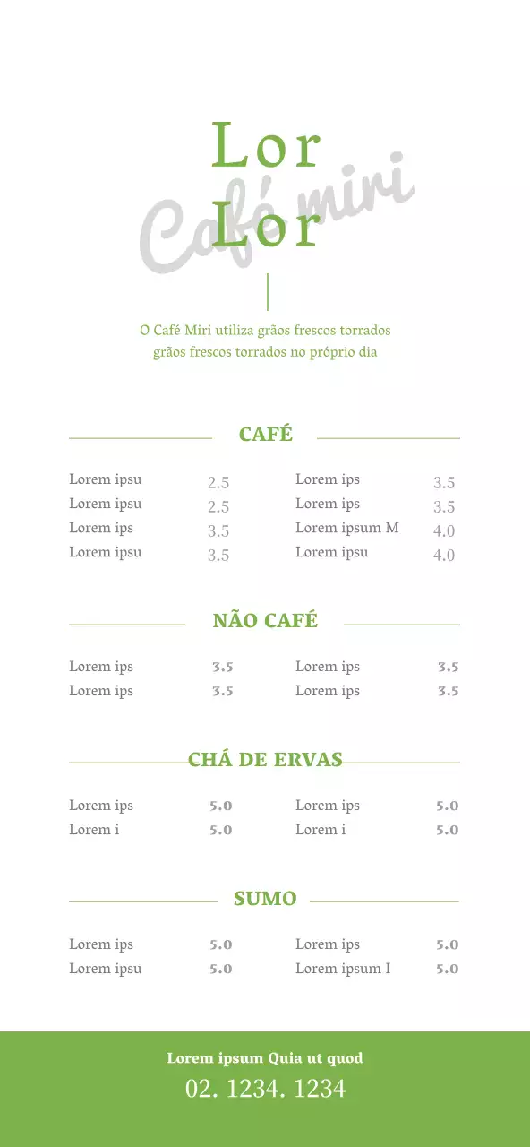 Ementa de café simples e limpa, com preços em tons de chartreuse e branco