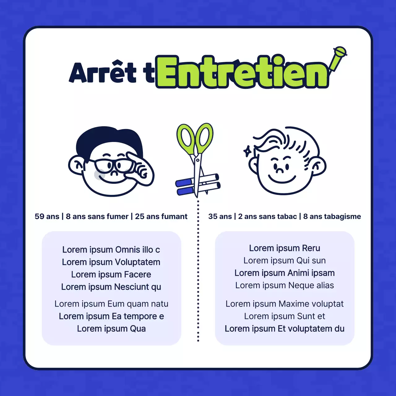 Illustration d'un personnage simple en bleu et chartreuse présentant un centre de santé sans tabac.