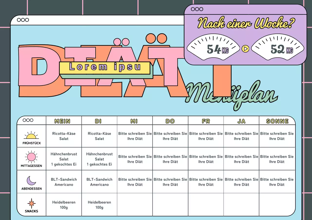Hellblau rosa lila frisch gefärbt niedlich Diät Mahlzeit Plan