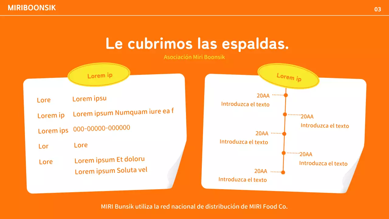 Perfil de empresa de catering con acentos de color naranja y amarillo y disposición de fotos