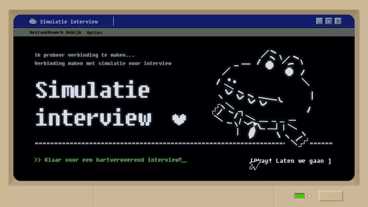 Simulatie sollicitatiegesprek met zwart retro moddergameconcept