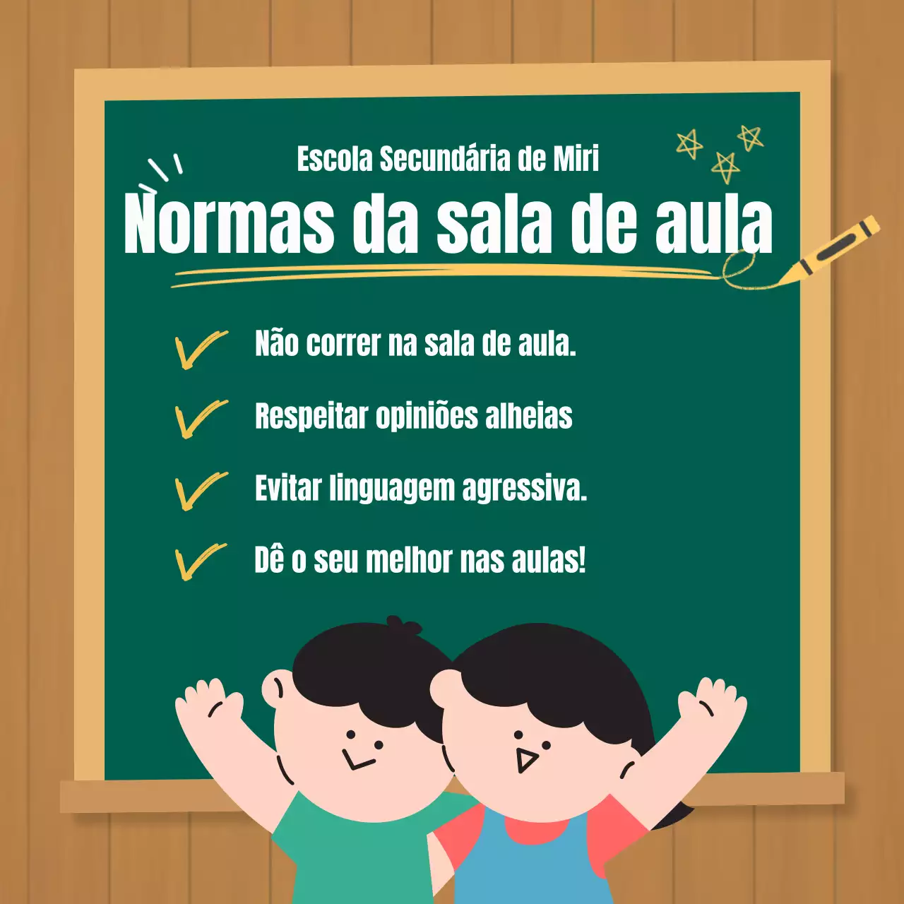 Anúncio do novo semestre da escola primária com grão de madeira castanho e fundo de quadro verde