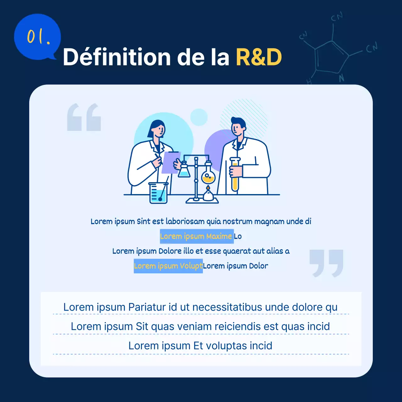 Description de poste simple en bleu et jaune pour promouvoir le laboratoire de R&D
