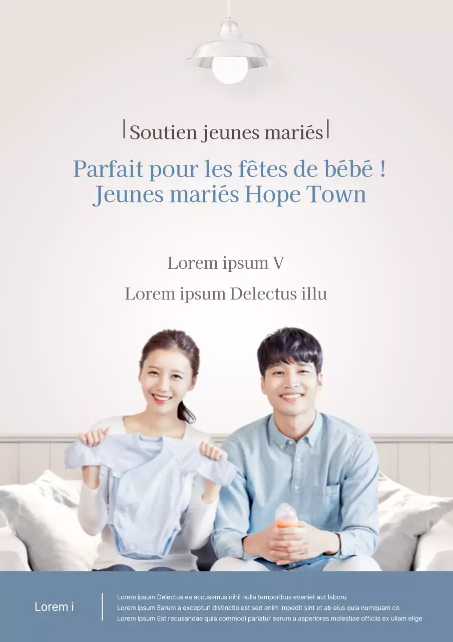 Promouvoir les services publics d'aide à l'unité des jeunes mariés avec une photo des jeunes mariés en rose et bleu.