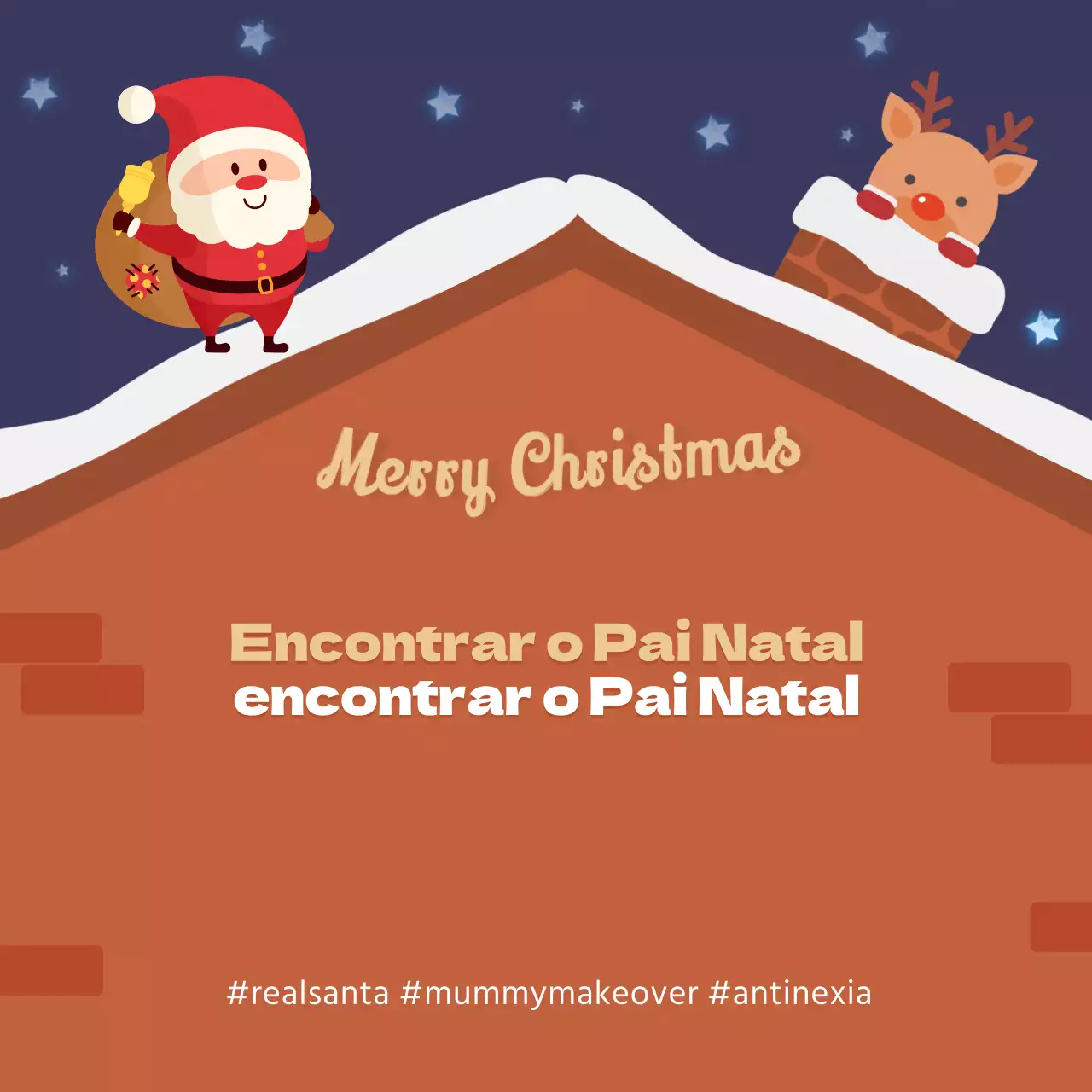Evento de Natal com o Pai Natal e o Rudolph na chaminé do telhado
