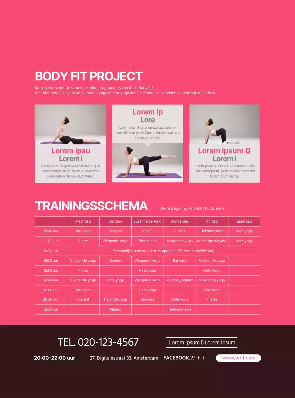 Informatie over en promotie van yoga in een eenvoudige stijl van helder roze en wit