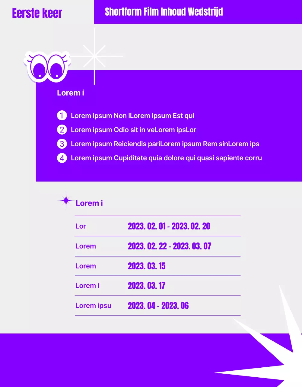 Humoristische korte-inhoudwedstrijd met paarse geometrische afbeeldingen