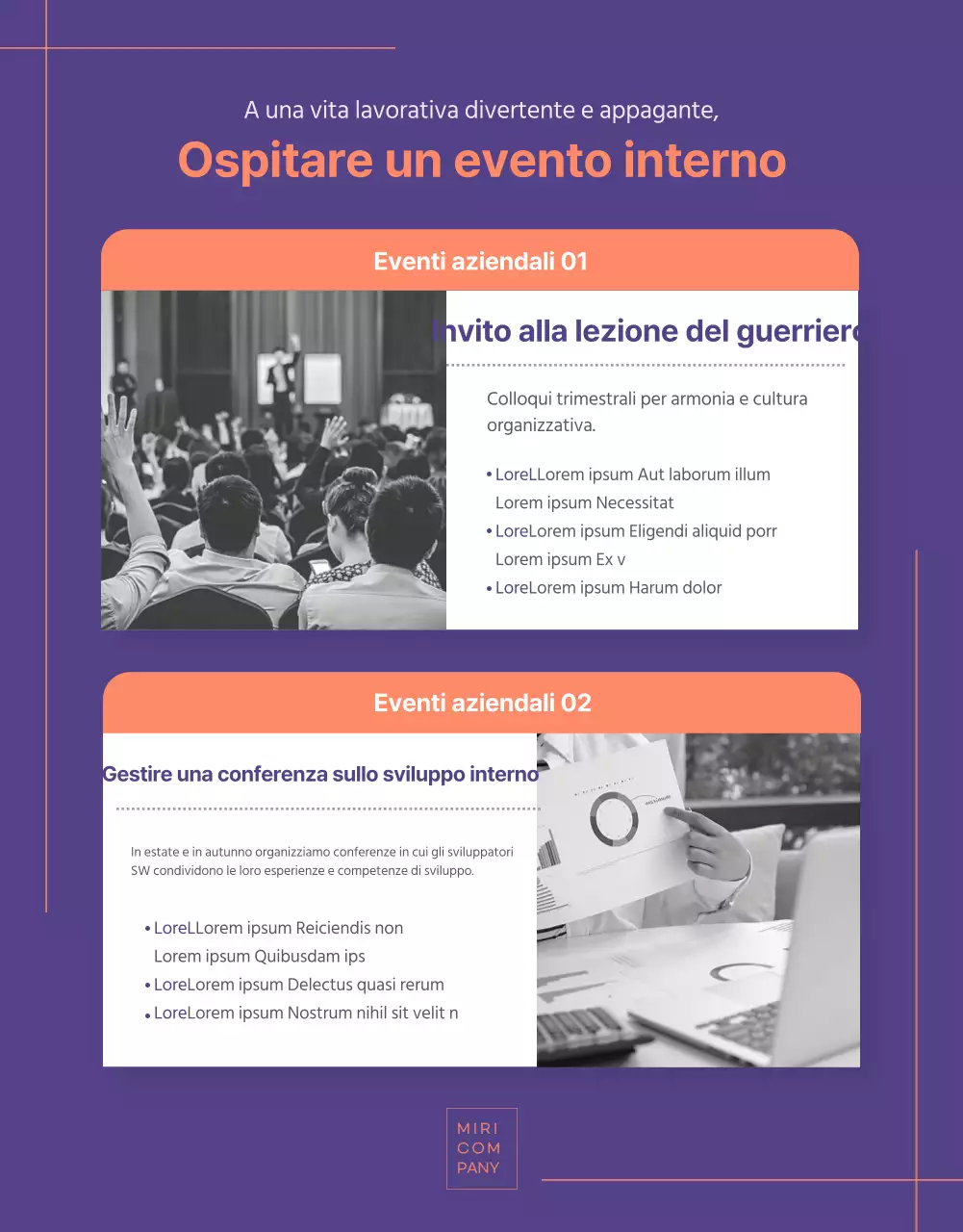 Dettagli del programma aziendale in viola con accenti arancioni