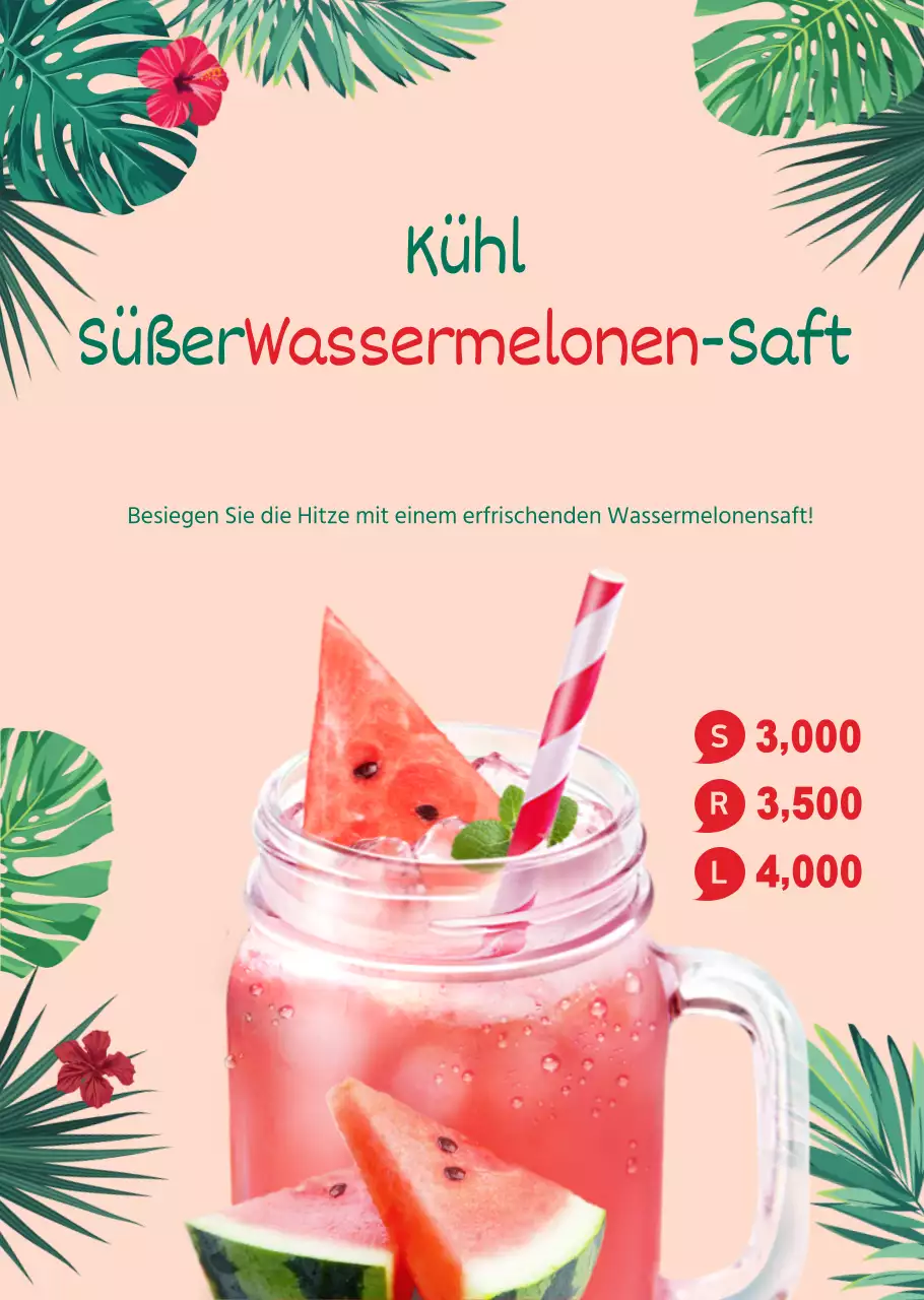 Transparentes Plakat für ein kühles Sommergetränk, Wassermelonensaft-Café
