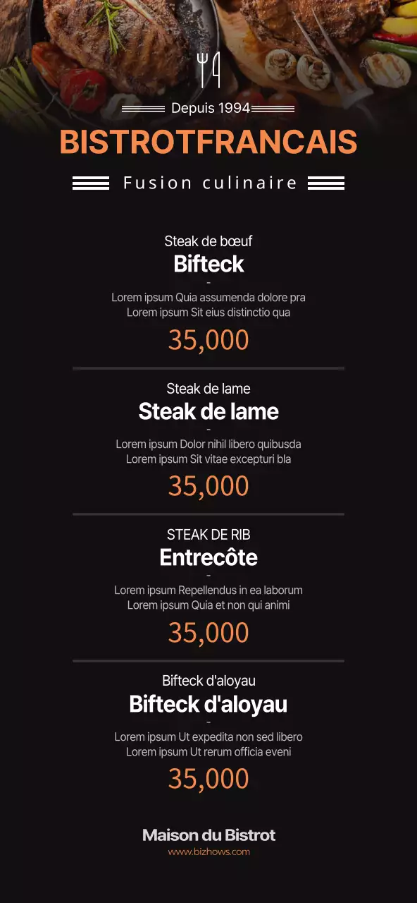 Noir et orange, menu de steakhouse de style simple, tarification