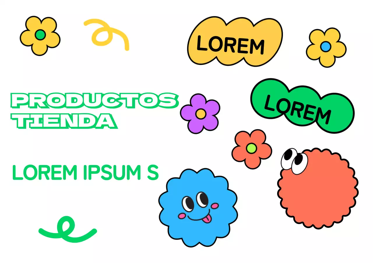 Diseño de tienda de artículos con simpáticas y coloridas ilustraciones de personajes de formas y flores