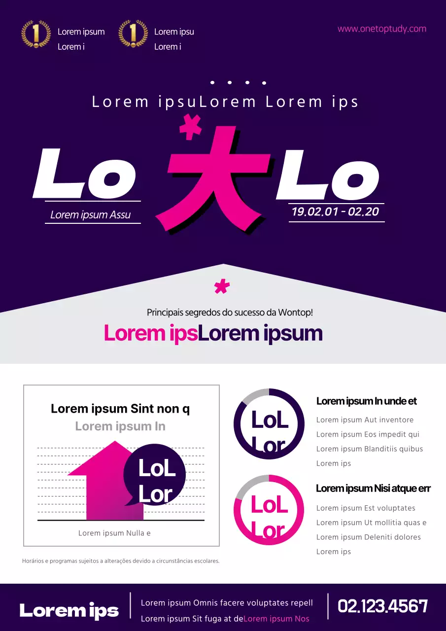 Folheto de promoção de uma aula especial na escola em roxo e cor-de-rosa.