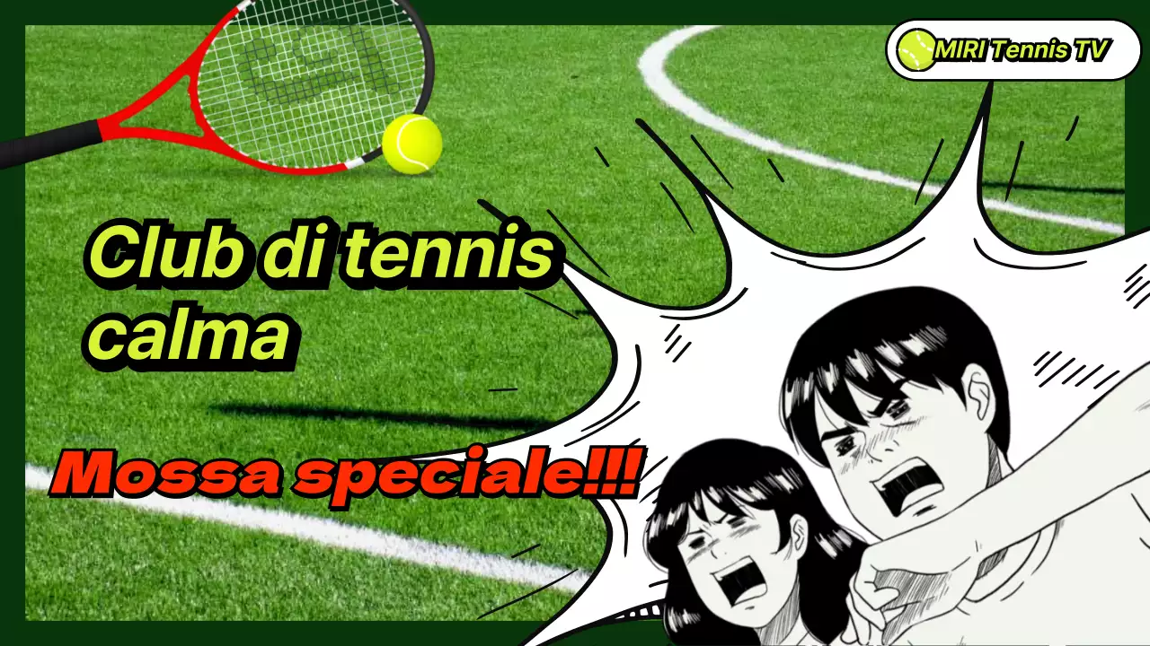 Mosse speciali di tennis con illustrazioni comiche su uno sfondo erboso