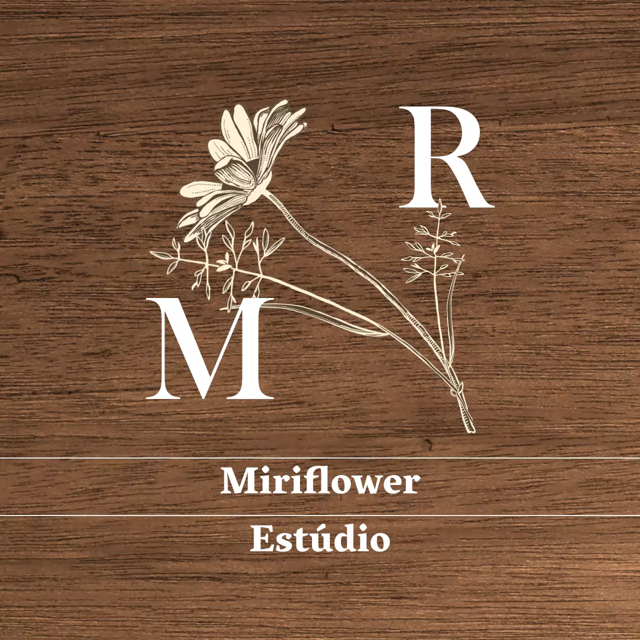 Letreiro Flower Studio de inspiração vintage com texto em branco e marfim e ilustrações florais
