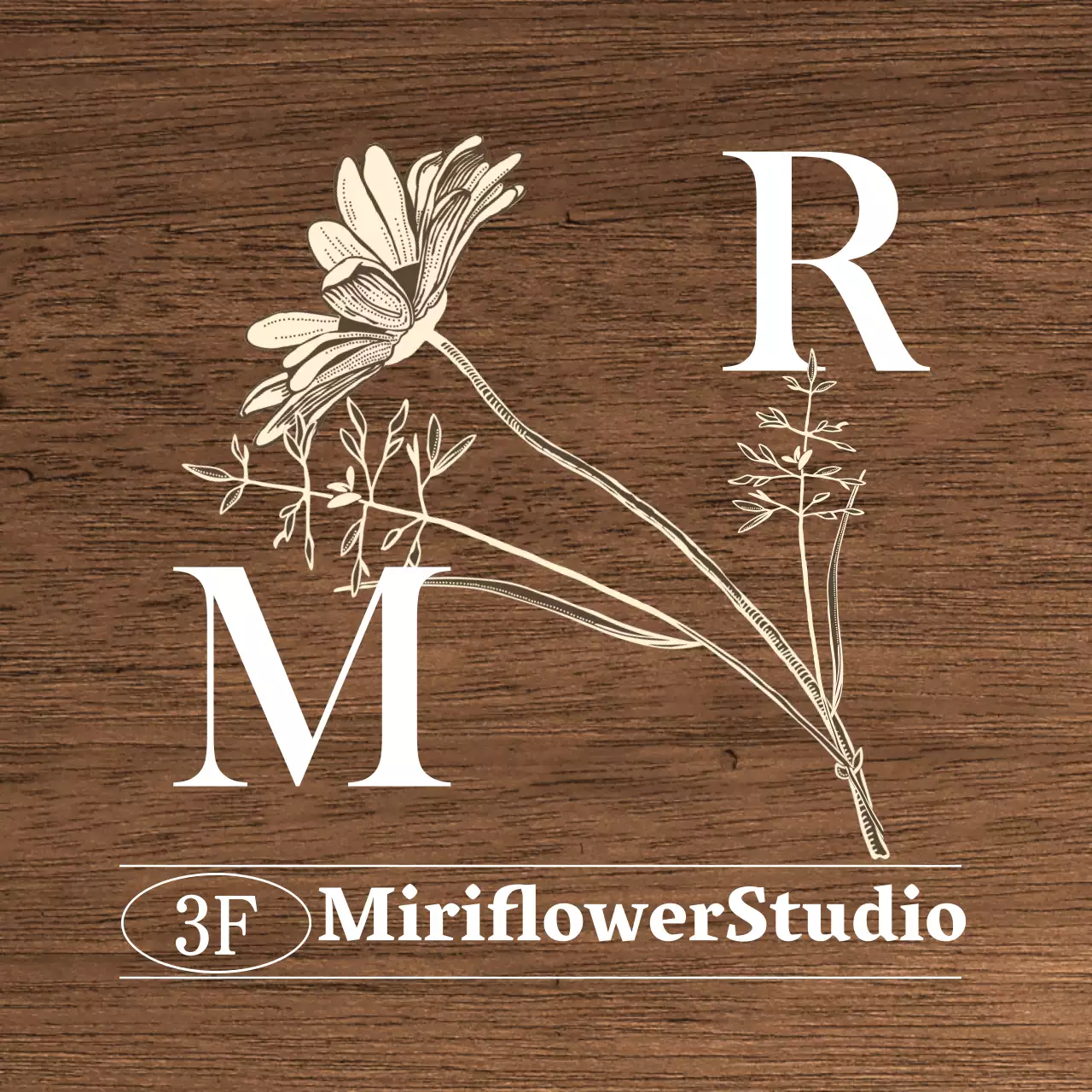 Letreiro Flower Studio de inspiração vintage com texto em branco e marfim e ilustrações florais