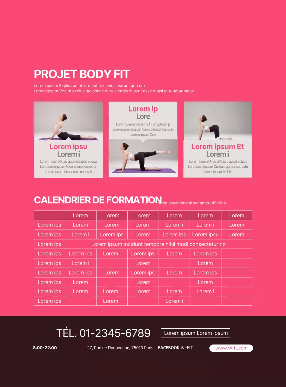 Information et promotion du yoga dans un style simple, rose et blanc.
