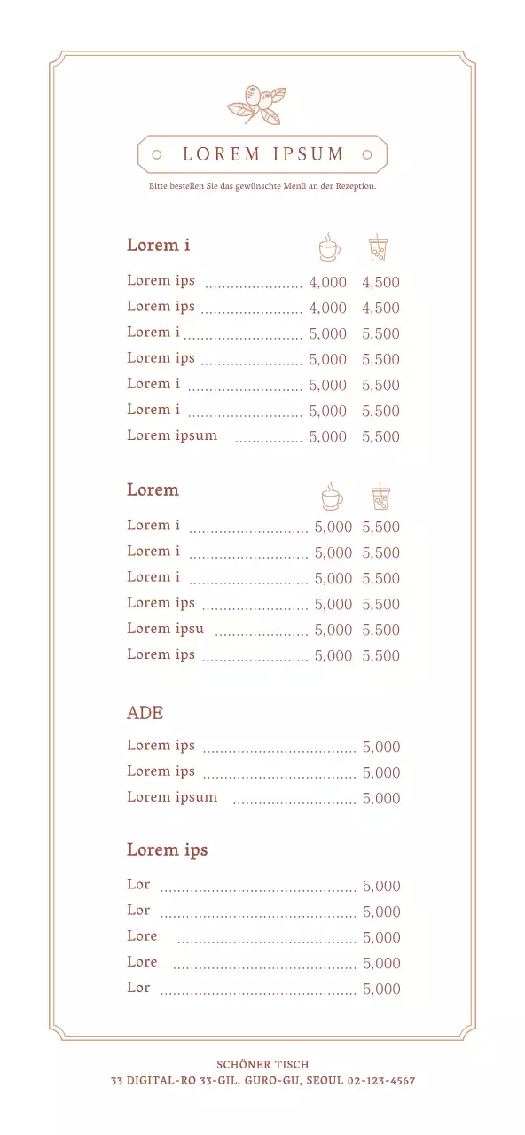 Hellbraun und weiß einfachen Stil Café Tabelle Menüführer