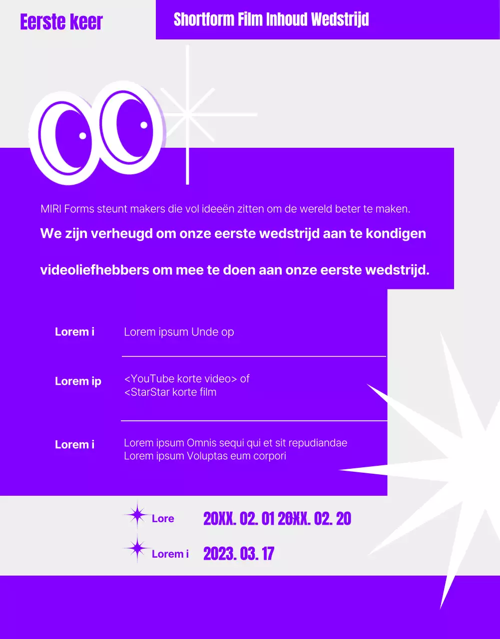 Humoristische korte-inhoudwedstrijd met paarse geometrische afbeeldingen