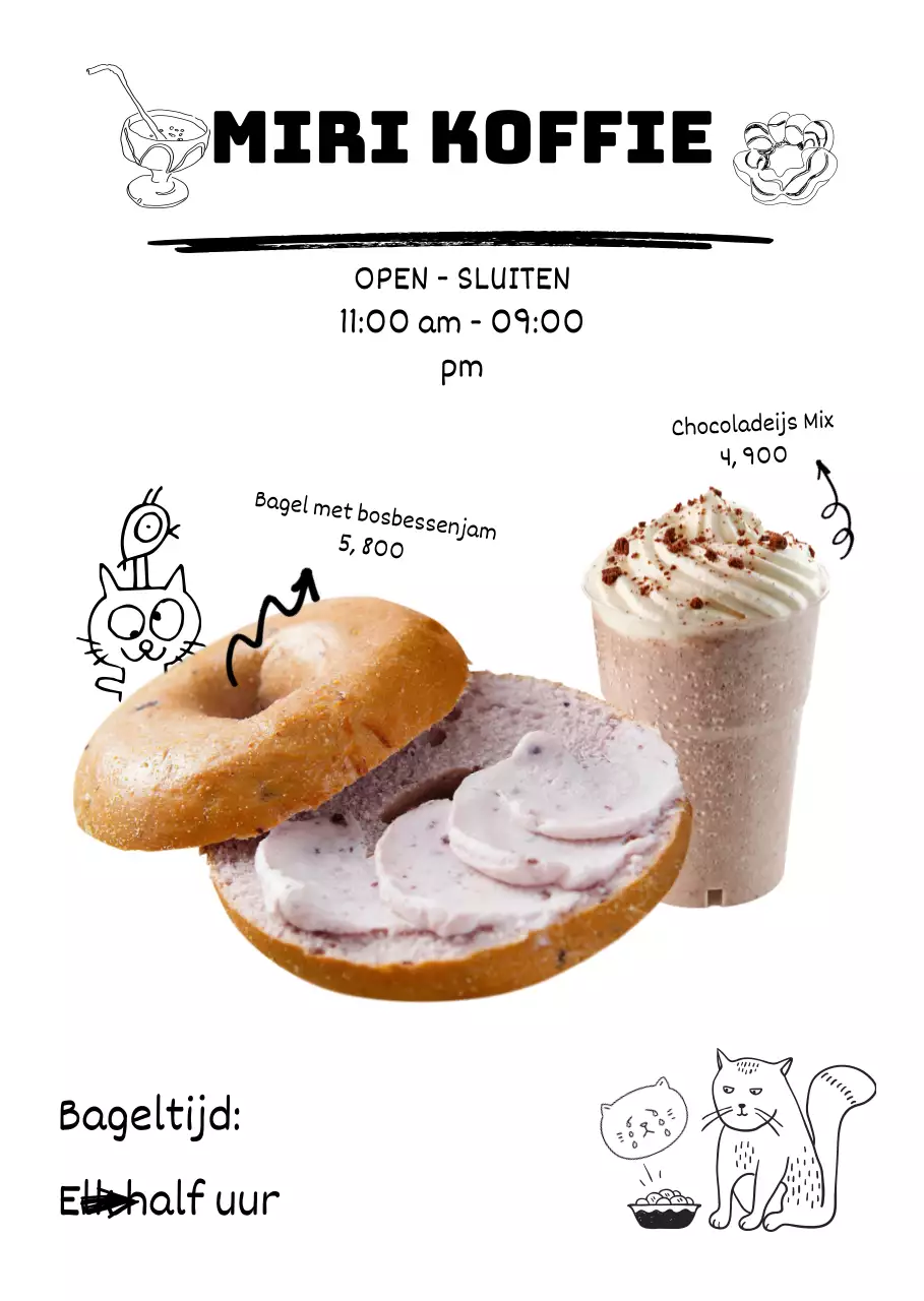 Witte achtergrond tekening van een bagel en ijschocoladeCafe poster in kalligrafie