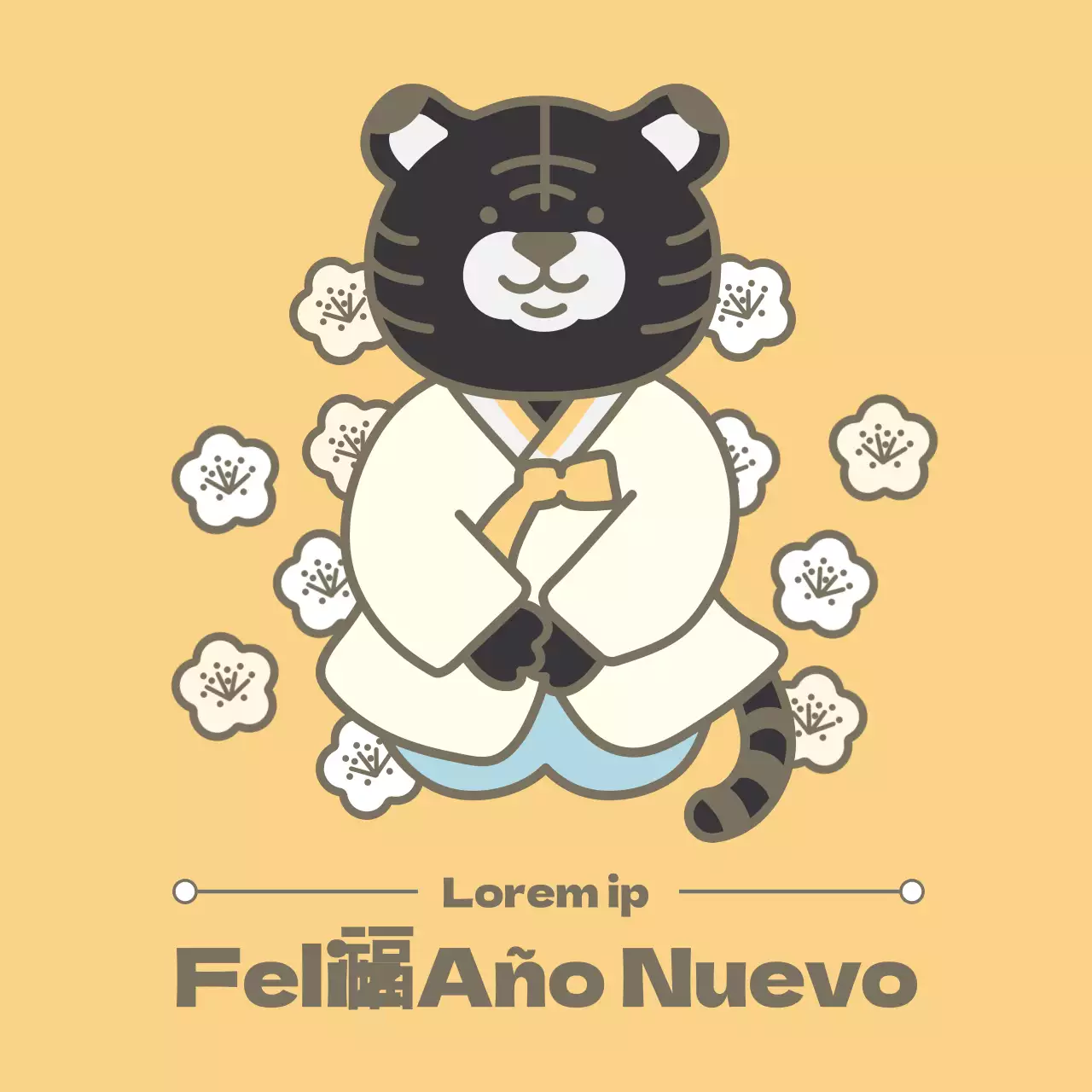 Tarjeta de felicitación de Año Nuevo con un simpático tigre negro amarillo
