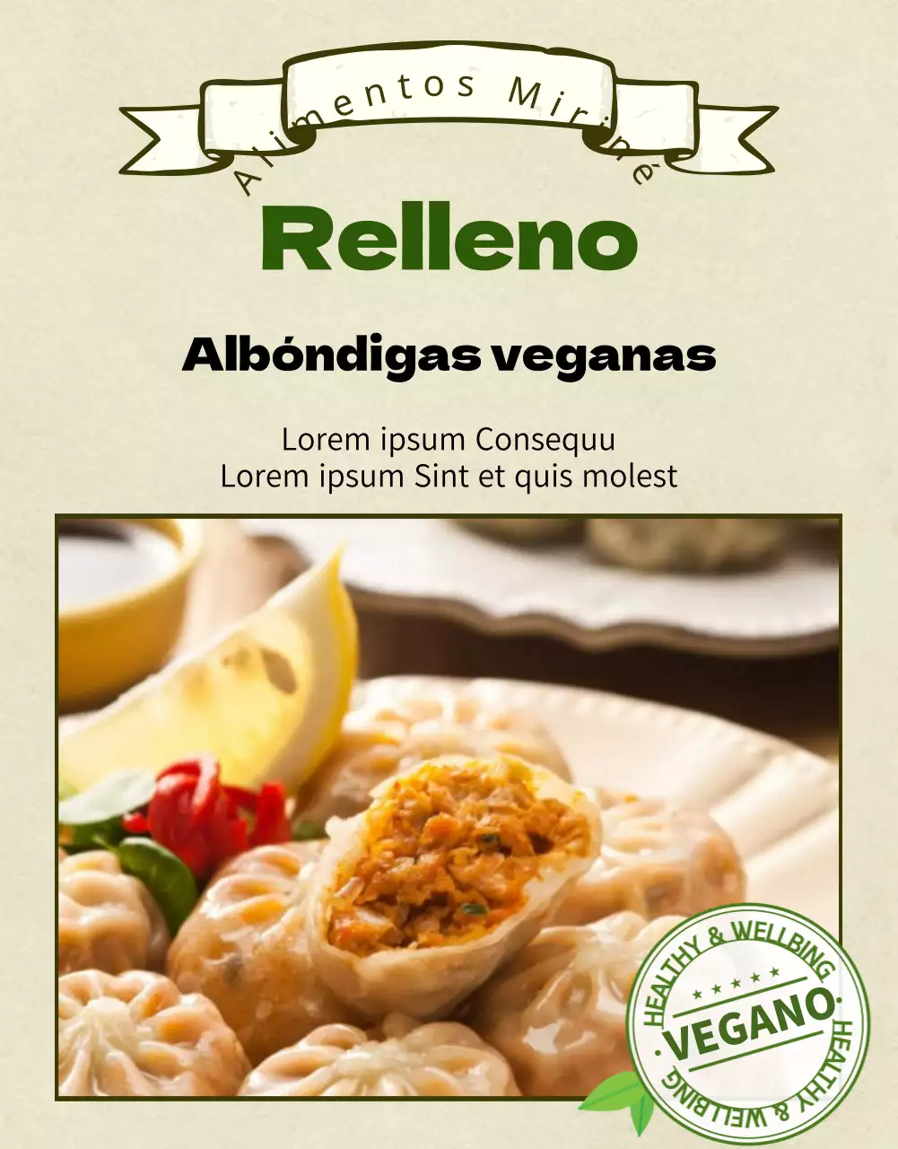 Página detallada del centro comercial con albóndigas veganas verde oliva