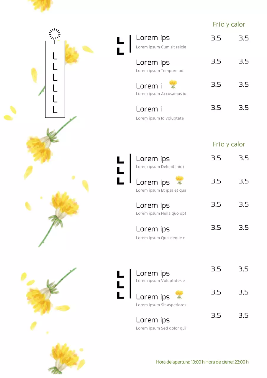 Menú de cafetería con ilustración de flor amarilla