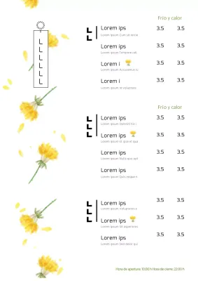 Menú de cafetería con ilustración de flor amarilla