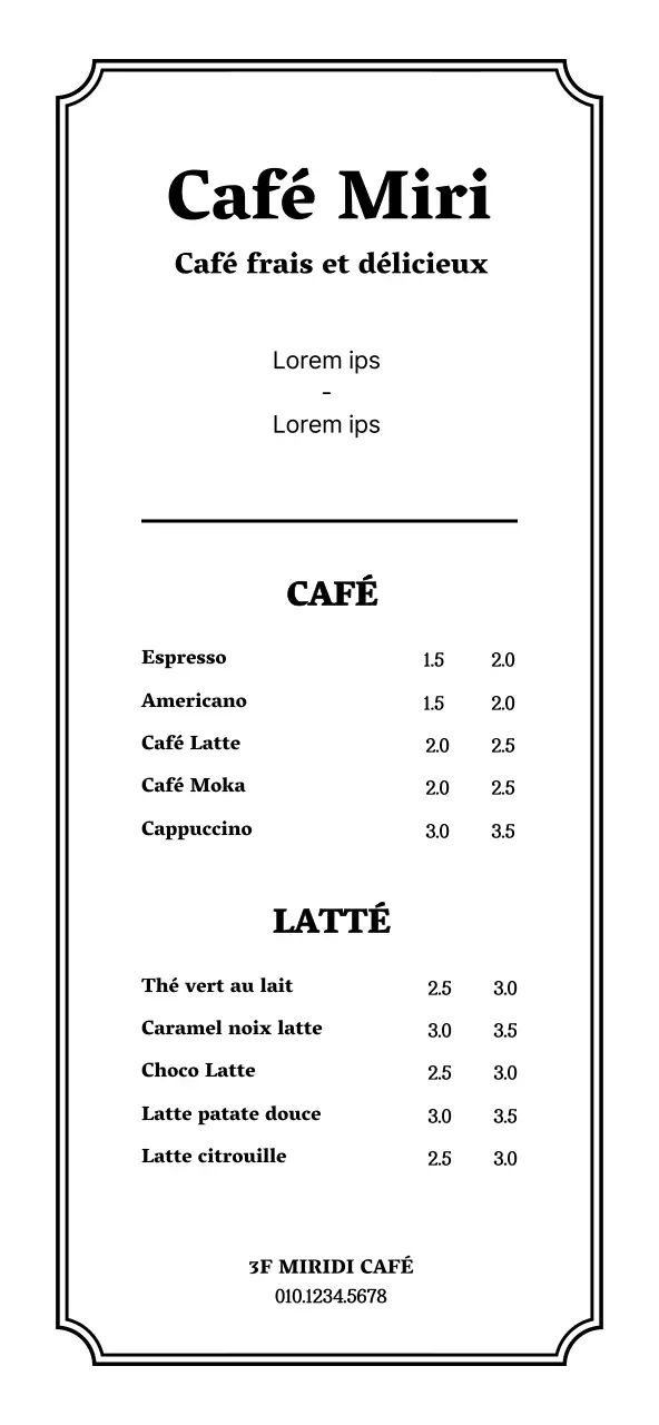 Menu de café de style simple et épuré, avec prix en blanc et noir