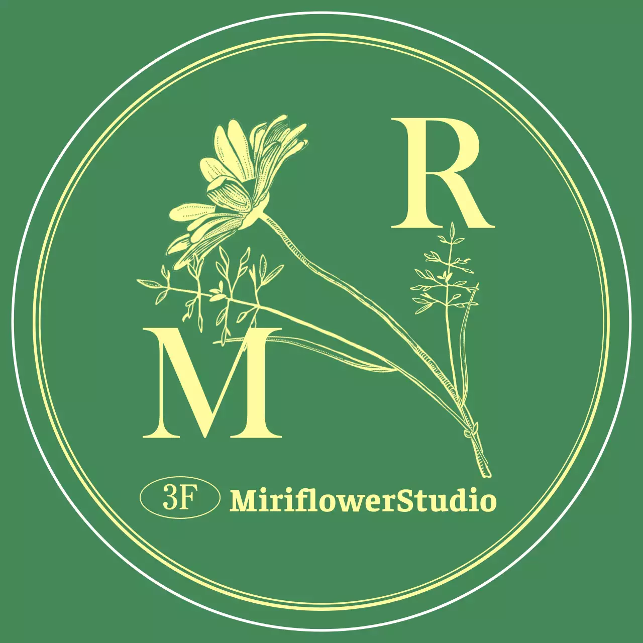 Een sentimentele bloemenillustratie in groen en lichtgeel voor het logo van een conceptstudio.